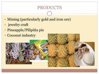 PRODUCTS
 Mining (particularly gold and iron ore)
 jewelry craft
 Pineapple/Pilipiña pie
 Coconut industry
 