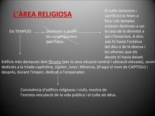 L’ÀREA RELIGIOSA Els TEMPLES El culte (oracions i sacrificis) es feien a fora i els temples estaven destinats a ser la casa de la divinitat a qui s’honorava. A dins sols hi havia l’estàtua del déu o de la deessa i les ofrenes que els devots hi havia deixat. Destinats a acollir les congregacions dels fidels. Edificis més destacats dels  fòrums  (per la seva situació central i ubicació elevada), sovint dedicats a la tríada capitolina, Júpiter, Juno i Minerva, (d’aquí el nom de CAPITOLI) i després, durant l’imperi, dedicat a l’emperador. Convivència d’edificis religiosos i civils, mostra de l’estreta vinculació de la vida pública i el culte als déus. 