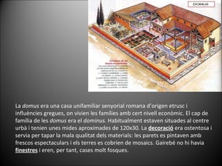 La  domus  era una casa unifamiliar senyorial romana d’origen etrusc i influències gregues, on vivien les famílies amb cert nivell econòmic. El cap de família de les  domus  era el  dominus.  Habitualment estaven situades al centre urbà i tenien unes mides aproximades de 120x30 .  La  decoració  era ostentosa i servia per tapar la mala qualitat dels materials: les parets es pintaven amb frescos espectaculars i els terres es cobrien de mosaics. Gairebé no hi havia  finestres  i eren, per tant, cases molt fosques. 
