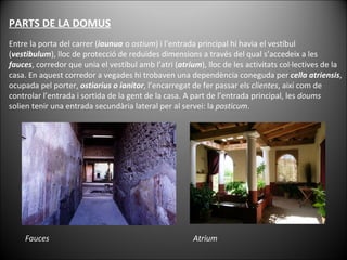 Entre la porta del carrer ( iaunua   o  ostium ) i l’entrada principal hi havia el vestíbul ( vestibulum ), lloc de protecció de reduïdes dimensions a través del qual s’accedeix a les  fauces , corredor que unia el vestíbul amb l’atri ( atrium ), lloc de les activitats col·lectives de la casa. En aquest corredor a vegades hi trobaven una dependència coneguda per  cella atriensis , ocupada pel porter,  ostiarius o ianitor , l’encarregat de fer passar els  clientes , així com de controlar l’entrada i sortida de la gent de la casa. A part de l’entrada principal, les  doums  solien tenir una entrada secundària lateral per al servei: la  posticum . PARTS DE LA DOMUS Fauces Atrium 