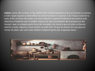 Culina:  Cuina. No va tenir un lloc definit dins l’àmbit domèstic ja que al principi es cuinava a l’atri. Quan aquest va diversificar les seves funcions i va passar a ser l’espai social de la casa, el foc va haver de trobar una nova ubicació: qualsevol habitació secundària amb obertura a l’exterior per on poder evacuar els olors procedents de la preparació del menjar i que no estigués gaire lluny del menjador de manera que els plats arribessin calents a taula. Algunes cuines tenien un petit forn. El que no tenien era una pica on rentar els plats i per això calia utilitzar recipients grans per a aquesta tasca. 