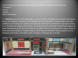 Amb el temps i la incorporació del món grec, la  domus  incorpora noves estances: Triclinium Oecus Exedra Banys domèstics 1- T riclinium:  peça de mida mitjana/gran que va heredar la finalitat de menjador (fins llavors funció del  tablinum,  convertit ara en despatx del  pater   familiae ). L’estança rep el nom del mobiliari que hi havia: tres sofàs en els quals els comensals es reclinaven i una taula central on es deixaven les safates amb menjar. La col·locació dels comensals estava fixada segons la seva importància social, de manera que el convidat d’honor es situava com a cap de taula al sofà anomenat  medius-3 . També existia un altre tipus de  triclinium  situat al jardí o en una habitació amb vistes a ell. Solien estar a l’ombra i refrescats per una font.  