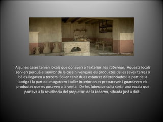 Algunes cases tenien locals que donaven a l’exterior: les  tabernae.  Aquests locals servien perquè el senyor de la casa hi vengués els productes de les seves terres o bé es llogaven a tercers. Solien tenir dues estances diferenciades: la part de la botiga i la part del magatzem i taller interior on es preparaven i guardaven els productes que es posaven a la venta.  De les  tabernae  solia sortir una escala que portava a la residència del propietari de la  taberna , situada just a dalt.  