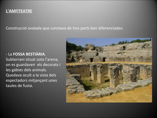 L’AMFITEATRE Construcció ovalada que constava de tres parts ben diferenciades: - La  FOSSA BESTIÀRIA . Subterrani situat sota l’arena, on es guardaven  els decorats i les gàbies dels animals. Quedava ocult a la vista dels espectadors mitjançant unes taules de fusta. 