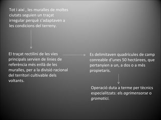 El traçat rectilini de les vies principals servien de línies de referència més enllà de les muralles, per a la divisió racional del territori cultivable dels voltants.  Es delimitaven quadrícules de camp conreable d’unes 50 hectàrees, que pertanyien a un, a dos o a més propietaris.  Operació duta a terme per tècnics especialitzats: els  agrimensorse  o  gromatici. Tot i així , les muralles de moltes ciutats seguien un traçat irregular perquè s’adaptaven a les condicions del terreny.  