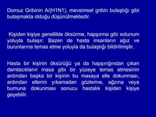 Domuz Gribinin A/(H1N1), mevsimsel gribin bulaştığı gibi bulaşmakta olduğu düşünülmektedir. Kişiden kişiye genellikle öksürme, hapşırma gibi solunum yoluyla bulaşır. Bazen de hasta insanların ağız ve burunlarına temas etme yoluyla da bulaştığı bildirilmiştir.  Hasta bir kişinin öksürüğü ya da hapşırığından çıkan damlacıkların masa gibi bir yüzeye temas etmesinin ardından başka bir kişinin bu masaya elle dokunması, ardından ellerini yıkamadan gözlerine, ağzına veya burnuna dokunması sonucu hastalık kişiden kişiye geçebilir. 