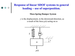 Response of linear SDOF systems to general
loading – use of superposition.
Mass-Spring Damper System
y is the displacement, in the downward direction, as
a result of the force p(t) acting on m
p(t)
k c
m
y
 