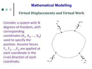 Mathematical Modelling
Virtual Displacements and Virtual Work
Consider a system with N
degrees-of-freedom, with
corresponding
coordinates (X1, X2, ..., XN)
used to specify the
position. Assume forces
F1, F2, ...,FN are applied at
each coordinate in the
(+ve) direction of each
coordinate.
 