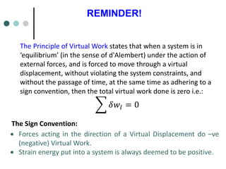 REMINDER!
The Principle of Virtual Work states that when a system is in
‘equilibrium’ (in the sense of d'Alembert) under the action of
external forces, and is forced to move through a virtual
displacement, without violating the system constraints, and
without the passage of time, at the same time as adhering to a
sign convention, then the total virtual work done is zero i.e.:
෍ 𝛿𝑤𝐼 = 0
The Sign Convention:
• Forces acting in the direction of a Virtual Displacement do –ve
(negative) Virtual Work.
• Strain energy put into a system is always deemed to be positive.
 