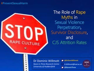 Dr Dominic Willmott
None-in-Three Research Centre
University of Huddersfield
D.Willmott@hud.ac.uk
@DrDomWillmott
The Role of Rape
Myths in
Sexual Violence
Perpetration,
Survivor Disclosure,
and
CJS Attrition Rates
@NoneinThree
#PreventSexualHarm
 