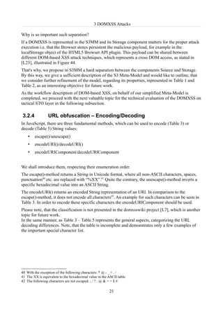 3 DOMXSS Attacks

Why is so important such separation?
If a DOMXSS is represented in the S3MM and its Storage component matters for the proper attack
execution i.e. that the Browser stores persistent the malicious payload, for example in the
localStorage object of the HTML5 Browser API plugin. This payload can be shared between
different DOM-based XSS attack techniques, which represents a cross DOM access, as stated in
[L23], illustrated in Figure 44.
That's why, we propose in S3MM a hard separation between the components Source and Storage.
By this way, we give a sufficient description of the S3 Meta-Model and would like to outline, that
we consider further refinement of the model, regarding its properties, represented in Table 1 and
Table 2, as an interesting objective for future work.
As the workflow description of DOM-based XSS, on behalf of our simplified Meta-Model is
completed, we proceed with the next valuable topic for the technical evaluation of the DOMXSS on
tactical STO layer in the following subsection.

3.2.4            URL obfuscation – Encoding/Decoding
In JavaScript, there are three fundamental methods, which can be used to encode (Table 3) or
decode (Table 5) String values:
    •   escape()/unescape()
    •   encodeURI()/decodeURI()
    •   encodeURIComponent/decodeURIComponent


We shall introduce them, respecting their enumeration order.
The escape()-method returns a String in Unicode format, where all non-ASCII characters, spaces,
punctuation40 etc. are replaced with “%XX”.41 Quite the contrary, the unescape()-method inverts a
specific hexadecimal value into an ASCII String.
The encodeURI() returns an encoded String representation of an URI. In comparison to the
escape()-method, it does not encode all characters42. An example for such characters can be seen in
Table 3. In order to encode these specific characters the encodeURIComponent should be used.
Please note, that the classification is not presented in the domxsswiki project [L7], which is another
topic for future work.
In the same manner, as Table 3 – Table 5 represents the general aspects, categorizing the URL
decoding differences. Note, that the table is incomplete and demonstrates only a few examples of
the important special character list.




40 With the exception of the following characters: * @ - _ + . /
41 The XX is equivalent to the hexadecimal value in the ASCII table.
42 The following characters are not escaped: , / ? : @ & = + $ #

                                                         21
 
