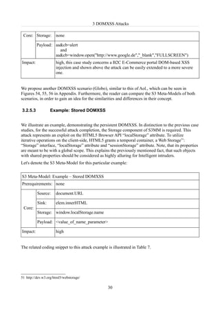 3 DOMXSS Attacks

 Core: Storage:       none

          Payload: aa&cb=alert
                     and
                   aa&cb=window.open("http://www.google.de","_blank","FULLSCREEN")
Impact:               high, this case study concerns a B2C E-Commerce portal DOM-based XSS
                      injection and shown above the attack can be easily extended to a more severe
                      one.


We propose another DOMXSS scenario (Globo), similar to this of Aol., which can be seen in
Figures 54, 55, 56 in Appendix. Furthermore, the reader can compare the S3 Meta-Models of both
scenarios, in order to gain an idea for the similarities and differences in their concept.

3.2.5.3           Example: Stored DOMXSS


We illustrate an example, demonstrating the persistent DOMXSS. In distinction to the previous case
studies, for the successful attack completion, the Storage component of S3MM is required. This
attack represents an exploit on the HTML5 Browser API “localStorage” attribute. To utilize
iterative operations on the client-side, HTML5 grants a temporal container, a Web Storage51:
“Storage” interface, “localStorage” attribute and “sessionStorage” attribute. Note, that its properties
are meant to be with a global scope. This explains the previously mentioned fact, that such objects
with shared properties should be considered as highly alluring for Intelligent intruders.
Let's denote the S3 Meta-Model for this particular example:


S3 Meta-Model: Example – Stored DOMXSS
Prerequirements: none

          Source:     document.URL

          Sink:       elem.innerHTML
 Core:
          Storage: window.localStorage.name

          Payload: <value_of_name_parameter>

Impact:               high


The related coding snippet to this attack example is illustrated in Table 7.




51 http://dev.w3.org/html5/webstorage/

                                                  30
 