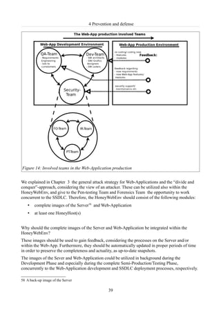 4 Prevention and defense




Figure 14: Involved teams in the Web-Application production


We explained in Chapter 3 the general attack strategy for Web-Applications and the “divide and
conquer”-approach, considering the view of an attacker. These can be utilized also within the
HoneyWebEnv, and give to the Pen-testing Team and Forensics Team the opportunity to work
concurrent to the SSDLC. Therefore, the HoneyWebEnv should consist of the following modules:
    •   complete images of the Server58 and Web-Application
    •   at least one HoneyHost(s)


Why should the complete images of the Server and Web-Application be integrated within the
HoneyWebEnv?
These images should be used to gain feedback, considering the processes on the Server and/or
within the Web-App. Furthermore, they should be automatically updated in proper periods of time
in order to preserve the completeness and actuality, as up-to-date snapshots.
The images of the Sever and Web-Application could be utilized in background during the
Development Phase and especially during the complete Semi-Production/Testing Phase,
concurrently to the Web-Application development and SSDLC deployment processes, respectively.

58 A back-up image of the Server

                                               39
 