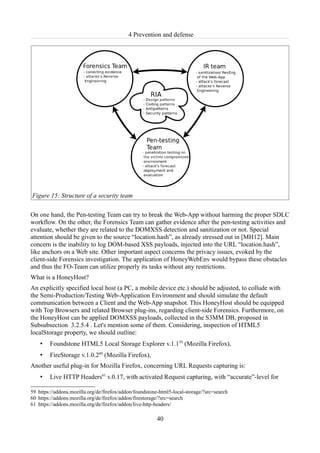 4 Prevention and defense




Figure 15: Structure of a security team

On one hand, the Pen-testing Team can try to break the Web-App without harming the proper SDLC
workflow. On the other, the Forensics Team can gather evidence after the pen-testing activities and
evaluate, whether they are related to the DOMXSS detection and sanitization or not. Special
attention should be given to the source “location.hash”, as already stressed out in [MH12]. Main
concern is the inability to log DOM-based XSS payloads, injected into the URL “location.hash”,
like anchors on a Web site. Other important aspect concerns the privacy issues, evoked by the
client-side Forensics investigation. The application of HoneyWebEnv would bypass these obstacles
and thus the FO-Team can utilize properly its tasks without any restrictions.
What is a HoneyHost?
An explicitly specified local host (a PC, a mobile device etc.) should be adjusted, to collude with
the Semi-Production/Testing Web-Application Environment and should simulate the default
communication between a Client and the Web-App snapshot. This HoneyHost should be equipped
with Top Browsers and related Browser plug-ins, regarding client-side Forensics. Furthermore, on
the HoneyHost can be applied DOMXSS payloads, collected in the S3MM DB, proposed in
Subsubsection 3.2.5.4 . Let's mention some of them. Considering, inspection of HTML5
localStorage property, we should outline:
    •   Foundstone HTML5 Local Storage Explorer v.1.159 (Mozilla Firefox),
    •   FireStorage v.1.0.260 (Mozilla Firefox),
Another useful plug-in for Mozilla Firefox, concerning URL Requests capturing is:
    •   Live HTTP Headers61 v.0.17, with activated Request capturing, with “accurate”-level for

59 https://addons.mozilla.org/de/firefox/addon/foundstone-html5-local-storage/?src=search
60 https://addons.mozilla.org/de/firefox/addon/firestorage/?src=search
61 https://addons.mozilla.org/de/firefox/addon/live-http-headers/

                                                         40
 