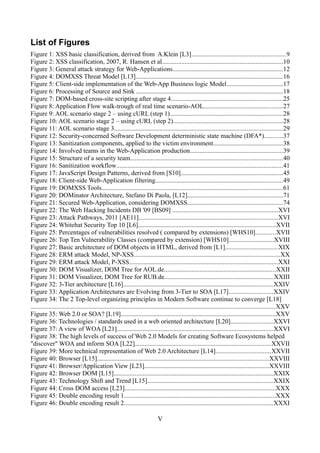 List of Figures
Figure 1: XSS basic classification, derived from A.Klein [L3]..........................................................9
Figure 2: XSS classification, 2007, R. Hansen et al...........................................................................10
Figure 3: General attack strategy for Web-Applications....................................................................12
Figure 4: DOMXSS Threat Model [L13]...........................................................................................16
Figure 5: Client-side implementation of the Web-App Business logic Model...................................17
Figure 6: Processing of Source and Sink ...........................................................................................18
Figure 7: DOM-based cross-site scripting after stage 4.....................................................................25
Figure 8: Application Flow walk-trough of real time scenario-AOL.................................................27
Figure 9: AOL scenario stage 2 – using cURL (step 1)......................................................................28
Figure 10: AOL scenario stage 2 – using cURL (step 2)....................................................................28
Figure 11: AOL scenario stage 3........................................................................................................29
Figure 12: Security-concerned Software Development deterministic state machine (DFA*)...........37
Figure 13: Sanitization components, applied to the victim environment...........................................38
Figure 14: Involved teams in the Web-Application production.........................................................39
Figure 15: Structure of a security team..............................................................................................40
Figure 16: Sanitization workflow.......................................................................................................41
Figure 17: JavaScript Design Patterns, derived from [S10]...............................................................45
Figure 18: Client-side Web-Application filtering...............................................................................49
Figure 19: DOMXSS Tools................................................................................................................61
Figure 20: DOMinator Architecture, Stefano Di Paola, [L12]...........................................................71
Figure 21: Secured Web-Application, considering DOMXSS...........................................................74
Figure 22: The Web Hacking Incidents DB '09 [BS09] .................................................................XVI
Figure 23: Attack Pathways, 2011 [AE11]......................................................................................XVI
Figure 24: Whitehat Security Top 10 [L6].....................................................................................XVII
Figure 25: Percentages of vulnerabilities resolved ( compared by extensions) [WHS10]............XVII
Figure 26: Top Ten Vulnerability Classes (compared by extension) [WHS10]............................XVIII
Figure 27: Basic architecture of DOM objects in HTML, derived from [L1]................................XIX
Figure 28: ERM attack Model, NP-XSS..........................................................................................XX
Figure 29: ERM attack Model, P-XSS............................................................................................XXI
Figure 30: DOM Visualizer, DOM Tree for AOL.de.....................................................................XXII
Figure 31: DOM Visualizer, DOM Tree for RUB.de...................................................................XXIII
Figure 32: 3-Tier architecture [L16].............................................................................................XXIV
Figure 33: Application Architectures are Evolving from 3-Tier to SOA [L17]...........................XXIV
Figure 34: The 2 Top-level organizing principles in Modern Software continue to converge [L18]
.......................................................................................................................................................XXV
Figure 35: Web 2.0 or SOA? [L19]................................................................................................XXV
Figure 36: Technologies / standards used in a web oriented architecture [L20]..........................XXVI
Figure 37: A view of WOA [L21].................................................................................................XXVI
Figure 38: The high levels of success of Web 2.0 Models for creating Software Ecosystems helped
"discover" WOA and inform SOA [L22]....................................................................................XXVII
Figure 39: More technical representation of Web 2.0 Architecture [L14]..................................XXVII
Figure 40: Browser [L15]..........................................................................................................XXVIII
Figure 41: Browser/Application View [L23].............................................................................XXVIII
Figure 42: Browser DOM [L15]...................................................................................................XXIX
Figure 43: Technology Shift and Trend [L15]..............................................................................XXIX
Figure 44: Cross DOM access [L23].............................................................................................XXX
Figure 45: Double encoding result 1..............................................................................................XXX
Figure 46: Double encoding result 2............................................................................................XXXI

                                                                           V
 