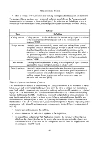 4 Prevention and defense

   •   How to secure a Web-Application as a working online project in Production Environment?
The answers of these questions imply in general: sufficient knowledge on the Programming and
Implementation environment, as illustrated in Figure 5. To utilize this, we feel obliged to give a
clarification on the fundamental terms, concerning source code development, shown in Table 11.


                                                 Patterns
       Type                                                 Definition
  Coding patterns     Coding patterns “...are JavaScript-specific patterns and good practices related
                      to the unique features of the language, such as the various uses of
                      functions.”[S10]
  Design patterns     “A design pattern systematically names, motivates, and explains a general
                      design that addresses a recurring design problem in object-oriented systems. It
                      describes the problem, the solution, when to apply the solution, and its
                      consequences. It also gives implementation hints and examples. The solution
                      is a general arrangement of objects and classes that solve the problem. The
                      solution is customized and implemented to solve the problem in a particular
                      context.”[G94]
   Anti-patterns      “An antipattern is not the same as a bug or a coding error; it’s just a common
                      approach that causes more problems than it solves.”[S10]
  Security patterns   “A security pattern describes a particular recurring security problem that
                      arises in specific contexts, and presents a well-proven generic solution for it.
                      The solution consists of a set of interacting roles that can be arranged into
                      multiple concrete design structures, as well as a process to create one
                      particular such structure.”[S06]

Table 11: A general classification of patterns
Let's demonstrate the benefits of understanding the Coding Conventions. If we would like to write a
better code, which is more understandable, we also imply the strive to write an easy maintainable
code. Such includes – easy reviewing, convenient revisiting and comfortable tweaking, as explained
in page 28, [S10]. Furthermore, let's explain the term maintainable code. It denotes the following
features, that the code should be – readable and consistent, and predictable for understanding. The
code should pretend to be written by a single person. At last, a maintainable code should be also
well documented, as in [S10] and in Table 10, explaining the importance of the documentation at
the Basic level of the DSTO. In many cases, code maintenance proposes Reverse Engineering of the
programming code. It is sufficient to enumerate problems, escorting the RE process, as postulated
in [S10]:
   •   time to learn and understand the problem,
   •   time to understand the code, that is supposed to fix the problem,
   •   in cases of huge and complex Web-Application projects – the person, who fixes the code
       (IR-Team, Dev-Team), is often not the person, who has written the code (Dev-Team), and
       furthermore in most of the cases not the same person, who has found the bug (PT-Team and
       in some cases – the FO-Team).


                                                   44
 