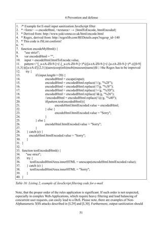 4 Prevention and defense

1. /* Example for E-mail input sanitization JavaScript filter
2. * <form> → encodeHtml, <textarea> → {htmlToEncode, htmlEncoded}
3. * Derived from: http://www.yuki-onna.co.uk/html/encode.html
4. * Regex, derived from: http://regexlib.com/REDetails.aspx?regexp_id=140
5. * This code is JSLint conform!
6. */
7. function encodeMyHtml() {
8.    "use strict";
9.    var encodedHtml = "",
10. input = encodeHtml.htmlToEncode.value,
11. pattern=/^[_a-zA-Z0-9-]+(.[_a-zA-Z0-9-]+)*@[a-zA-Z0-9-]+(.[a-zA-Z0-9-]+)*.(([0-9]
{1,3})|([a-zA-Z]{2,3})|(aero|coop|info|mobi|museum|name))$/; //the Regex has to be improved
12.     try {
13.              if (input.length<=20) {
14.                      encodedHtml = escape(input);
15.                      encodedHtml = encodedHtml.replace(///g, "%2F");
16.                      encodedHtml = encodedHtml.replace(/?/g, "%3F");
17.                      encodedHtml = encodedHtml.replace(/=/g, "%3D");
18.                      encodedHtml = encodedHtml.replace(/&/g, "%26");
19.                      //encodedHtml = encodedHtml.replace(/@/g, "%40");
20.                      if(pattern.test(encodedHtml)){
21.                              encodeHtml.htmlEncoded.value = encodedHtml;
22.                      } else {
23.                              encodeHtml.htmlEncoded.value = "Sorry";
24.                      }
25.              } else {
26.                      encodeHtml.htmlEncoded.value = "Sorry";
27.              }
28.      } catch (e) {
29.        encodeHtml.htmlEncoded.value = "Sorry";
30.      }
31. }
32.
33. function testEncodedHtml() {
34.     "use strict";
35.      try {
36.         testEncodedHtmlArea.innerHTML = unescape(encodeHtml.htmlEncoded.value);
37.      } catch (e) {
38.         testEncodedHtmlArea.innerHTML = "Sorry";
39.      }
40. }
Table 16: Listing 2, example of JavaScript filtering code for e-mail

Note, that the proper order of the rules application is significant. If such order is not respected,
especially in complex Web-Applications, which require heavy filtering and load balancing of
concurrent user requests, can easily lead to a DoS. Please note, there are examples of Non-
Alphanumeric XSS attacks described in [L29] and [L30]. Furthermore, output sanitization should

                                                  51
 