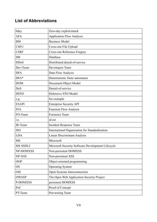 List of Abbreviations

0day             Zero-day exploit/attack
AFA              Application Flow Analysis
BM               Business Model
CSFU             Cross-site File Upload
CSRF             Cross-site Reference Forgery
DB               Database
DDoS             Distributed denial-of-service
Dev-Team         Developers Team
DFA              Data Flow Analysis
DFA*             Deterministic finite automaton
DOM              Document Object Model
DoS              Denial-of-service
DSTO             Defensive STO Model
e.g.             for example
ESAPI            Enterprise Security API
FFA              Function Flow Analysis
FO-Team          Forensics Team
i.e.             id est
IR-Team          Incident Response Team
ISO              International Organization for Standardization
LDA              Linear Discriminant Analysis
MS               Microsoft
MS SSDLC         Microsoft Security Software Development Lifecycle
NP-DOMXSS        Non-persistent DOMXSS
NP-XSS           Non-persistent XSS
OOP              Object-oriented programming
OS               Operating System
OSI              Open Systems Interconnection
OWASP            The Open Web Application Security Project
P-DOMXSS         persistent DOMXSS
PoC              Proof of Concept
PT-Team          Pen-testing Team


                                      VII
 