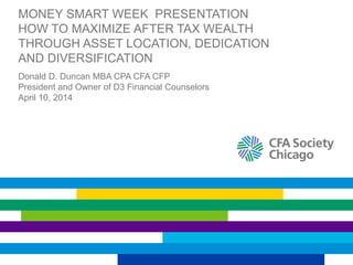 MONEY SMART WEEK PRESENTATION 
HOW TO MAXIMIZE AFTER TAX WEALTH 
THROUGH ASSET LOCATION, DEDICATION 
AND DIVERSIFICATION 
Donald D. Duncan MBA CPA CFA CFP 
President and Owner of D3 Financial Counselors 
April 10, 2014 
 