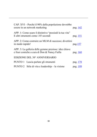 10
CAP. XVI – Perché il 90% della popolazione dovrebbe
essere in un network marketing pag. 142
APP. 1: Come usare il distintivo “possiedi la tua vita”
E altri strumenti come i 45 secondi pag. 151
APP. 2: Come costruire un MLM di successo; divertirsi
in modo rapido! pag.157
APP. 3: La galleria delle gemme preziose: idee chiave
e frasi comiche a cura di Don & Nancy Failla pag. 160
EDIZIONE DEL 30° ANNIVERSARIO
PUNTO 1 Lascia parlare gli strumenti pag. 178
PUNTO 2 Stile di vita e leadership – la visione pag. 199
 