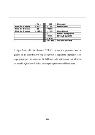 116
Il significato di distributore SERIO in questa presentazione è
quello di un distributore che si è preso il seguente impegno: «Mi
impegnerò per un minimo di 5-10 ore alla settimana per almeno
sei mesi». Questo è l’unico modo per apprendere il business.
 