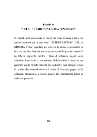 148
Tabella #1
“SEI AL SICURO CON LA TUA PENSIONE?”
Sai quanti soldi devi avere in banca per poter ricevere quello che
desideri quando sei in pensione? “ESSERE PADRONI DELLA
PROPRIA VITA” significa per noi che tu abbia la possibilità di
fare le cose che desideri senza preoccuparti di quanto costano!!!
La tabella seguente mostra i tassi di interesse pagati dalle
istituzioni finanziarie e l’ammontare di denaro che ti necessita per
generare quella rendita mensile che soddisfi i tuoi bisogni. Trova
la rendita che vorresti avere e il tasso di interesse pagato dalle
istituzioni finanziarie, e scopri quanto devi risparmiare prima di
andare in pensione!
 