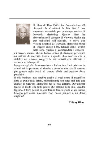 173
Il libro di Don Failla La Presentazione 45
Secondi che Cambierà la Tua Vita è uno
strumento essenziale per qualunque società di
Network Marketing. Questo libro ha
rivoluzionato il concetto di Network Marketing
per moltissimi nell’industria. Io avevo una
visione negativa del Network Marketing prima
di leggere questo libro, tuttavia dopo averlo
letto sono riuscita a comprendere i concetti
e i percorsi mentali che mi hanno fornito gli strumenti per creare
un sistema di successo. Grazie a questo libro sono riuscita a
stabilire un sistema, svolgere le mie attività con efficacia e
assicurarne la longevità.
Insegnare agli altri lo stesso sistema ha lanciato il mio sistema in
avanti; mi ha permesso di riuscire a costruire una rete di persone
più grande nella realtà di quanto abbia mai pensato fosse
possibile.
Il mio business non sarebbe quello di oggi senza il magnifico
libro di Don Failla; infatti, probabilmente non avrei mai dato una
chance al Network Marketing per la mia carriera. Ovviamente
faccio in modo che tutti coloro che entrano nella mia squadra
leggano il libro perché so che fornirà loro la guida di cui hanno
bisogno per avere successo. Non posso pensare a un dono
migliore!
Tiffany Obar
 