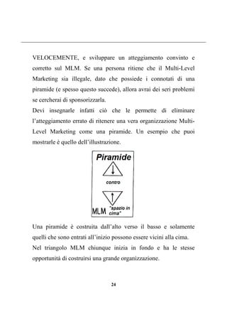 24
VELOCEMENTE, e sviluppare un atteggiamento convinto e
corretto sul MLM. Se una persona ritiene che il Multi-Level
Marketing sia illegale, dato che possiede i connotati di una
piramide (e spesso questo succede), allora avrai dei seri problemi
se cercherai di sponsorizzarla.
Devi insegnarle infatti ciò che le permette di eliminare
l’atteggiamento errato di ritenere una vera organizzazione Multi-
Level Marketing come una piramide. Un esempio che puoi
mostrarle è quello dell’illustrazione.
Una piramide è costruita dall’alto verso il basso e solamente
quelli che sono entrati all’inizio possono essere vicini alla cima.
Nel triangolo MLM chiunque inizia in fondo e ha le stesse
opportunità di costruirsi una grande organizzazione.
 