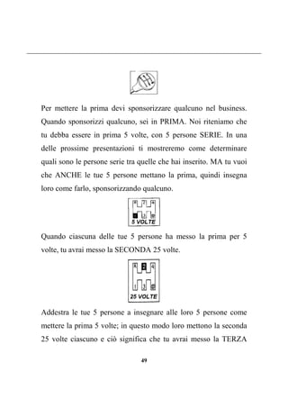 49
Per mettere la prima devi sponsorizzare qualcuno nel business.
Quando sponsorizzi qualcuno, sei in PRIMA. Noi riteniamo che
tu debba essere in prima 5 volte, con 5 persone SERIE. In una
delle prossime presentazioni ti mostreremo come determinare
quali sono le persone serie tra quelle che hai inserito. MA tu vuoi
che ANCHE le tue 5 persone mettano la prima, quindi insegna
loro come farlo, sponsorizzando qualcuno.
Quando ciascuna delle tue 5 persone ha messo la prima per 5
volte, tu avrai messo la SECONDA 25 volte.
Addestra le tue 5 persone a insegnare alle loro 5 persone come
mettere la prima 5 volte; in questo modo loro mettono la seconda
25 volte ciascuno e ciò significa che tu avrai messo la TERZA
 