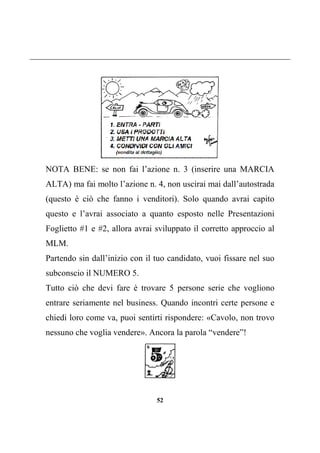 52
NOTA BENE: se non fai l’azione n. 3 (inserire una MARCIA
ALTA) ma fai molto l’azione n. 4, non uscirai mai dall’autostrada
(questo è ciò che fanno i venditori). Solo quando avrai capito
questo e l’avrai associato a quanto esposto nelle Presentazioni
Foglietto #1 e #2, allora avrai sviluppato il corretto approccio al
MLM.
Partendo sin dall’inizio con il tuo candidato, vuoi fissare nel suo
subconscio il NUMERO 5.
Tutto ciò che devi fare è trovare 5 persone serie che vogliono
entrare seriamente nel business. Quando incontri certe persone e
chiedi loro come va, puoi sentirti rispondere: «Cavolo, non trovo
nessuno che voglia vendere». Ancora la parola “vendere”!
 