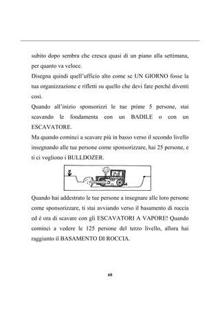 60
subito dopo sembra che cresca quasi di un piano alla settimana,
per quanto va veloce.
Disegna quindi quell’ufficio alto come se UN GIORNO fosse la
tua organizzazione e rifletti su quello che devi fare perché diventi
così.
Quando all’inizio sponsorizzi le tue prime 5 persone, stai
scavando le fondamenta con un BADILE o con un
ESCAVATORE.
Ma quando cominci a scavare più in basso verso il secondo livello
insegnando alle tue persone come sponsorizzare, hai 25 persone, e
ti ci vogliono i BULLDOZER.
Quando hai addestrato le tue persone a insegnare alle loro persone
come sponsorizzare, ti stai avviando verso il basamento di roccia
ed è ora di scavare con gli ESCAVATORI A VAPORE! Quando
cominci a vedere le 125 persone del terzo livello, allora hai
raggiunto il BASAMENTO DI ROCCIA.
 