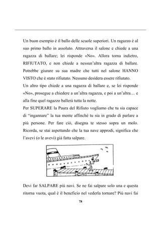 78
Un buon esempio è il ballo delle scuole superiori. Un ragazzo è al
suo primo ballo in assoluto. Attraversa il salone e chiede a una
ragazza di ballare; lei risponde «No». Allora torna indietro,
RIFIUTATO, e non chiede a nessun’altra ragazza di ballare.
Potrebbe giurare su sua madre che tutti nel salone HANNO
VISTO che è stato rifiutato. Nessuno desidera essere rifiutato.
Un altro tipo chiede a una ragazza di ballare e, se lei risponde
«No», prosegue a chiedere a un’altra ragazza, e poi a un’altra… e
alla fine quel ragazzo ballerà tutta la notte.
Per SUPERARE la Paura del Rifiuto vogliamo che tu sia capace
di “ingannare” la tua mente affinché tu sia in grado di parlare a
più persone. Per fare ciò, disegna te stesso sopra un molo.
Ricorda, se stai aspettando che la tua nave approdi, significa che
l’avevi (o le avevi) già fatta salpare.
Devi far SALPARE più navi. Se ne fai salpare solo una e questa
ritorna vuota, qual è il beneficio nel vederla tornare? Più navi fai
 