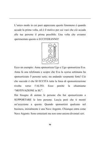 94
L’unico modo in cui puoi apprezzare questo fenomeno è quando
accade la prima volta, ed è il motivo per cui vuoi che ciò accada
alle tue persone il prima possibile. Una volta che avranno
sperimentato questo si ECCITERANNO!
Ecco un esempio: Anna sponsorizza Ugo e Ugo sponsorizza Eva.
Anna fa una telefonata e scopre che Eva la scorsa settimana ha
sponsorizzato 5 persone serie; sta andando veramente forte! Ciò
che succede è che SI ECCITA tutta la linea di sponsorizzazione
rivolta verso l’ALTO. Ecco perché la chiamiamo
“MOTIVAZIONE in SU”.
Hai bisogno di aiutare le persone che hai sponsorizzato a
SUPPORTARE le loro persone. Lascia però che ti mostri
un’eccezione a questo. Quando sponsorizzi qualcuno nel
business, inizialmente è una Nave Argento. Chiunque entra come
Nave Argento. Sono entusiasti ma non sono ancora diventati seri.
 