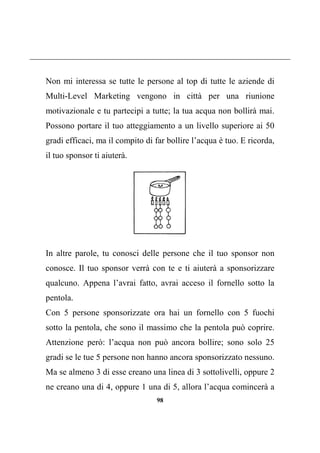 98
Non mi interessa se tutte le persone al top di tutte le aziende di
Multi-Level Marketing vengono in città per una riunione
motivazionale e tu partecipi a tutte; la tua acqua non bollirà mai.
Possono portare il tuo atteggiamento a un livello superiore ai 50
gradi efficaci, ma il compito di far bollire l’acqua è tuo. E ricorda,
il tuo sponsor ti aiuterà.
In altre parole, tu conosci delle persone che il tuo sponsor non
conosce. Il tuo sponsor verrà con te e ti aiuterà a sponsorizzare
qualcuno. Appena l’avrai fatto, avrai acceso il fornello sotto la
pentola.
Con 5 persone sponsorizzate ora hai un fornello con 5 fuochi
sotto la pentola, che sono il massimo che la pentola può coprire.
Attenzione però: l’acqua non può ancora bollire; sono solo 25
gradi se le tue 5 persone non hanno ancora sponsorizzato nessuno.
Ma se almeno 3 di esse creano una linea di 3 sottolivelli, oppure 2
ne creano una di 4, oppure 1 una di 5, allora l’acqua comincerà a
 