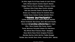 Alunni
De Nitto Angelo Pio-Di Fonzo Camilla-Di Librti Nicolas
Duilio Alfredo-Esposito Carmine-Esposito Morena
Feleppa Federica-Ferraro Giuseppe-Francesca Arianna
Francesca Silvia-Franco Gaya-Fuccillo Antonella
Gallo Gaia-Garofalo Federica-Giordano Enrico
Grasso Luca Tommaso-Grasso Pia-Iachetta Chiara
Iadanza Nicola-Iadanza Nicolas-Ianniello Chiara
IodiceNicoletta-Izzo Alessandro-Izzo Irene
Luciano Giandomenico-Lullo Federica-Mainolfi Mafalda
Maione Ferdinando-Marcantonio Silvio-Marcarelli Rosalba
Mastropietro Nicola-Mauro Libero Pio-Mercaldo Angela
Oliva Ilaria-Palumbo Elda-Perone Assunta
Perone Mariarosa-Petryshak Solomia-Piro Marialaura
Raio Miriam-Rossi Francesca-Russo Giuseppina
Russo Marino-Russo Nicola-Savignano Francesco
Sbordone Martina-Sisillo Martina-Taddeo Giuseppe
Verdone Sara-Vertullo Ilaria-Votino Concetta-Zotti Sabrina
hanno partecipato
in ordine alfabetico
 