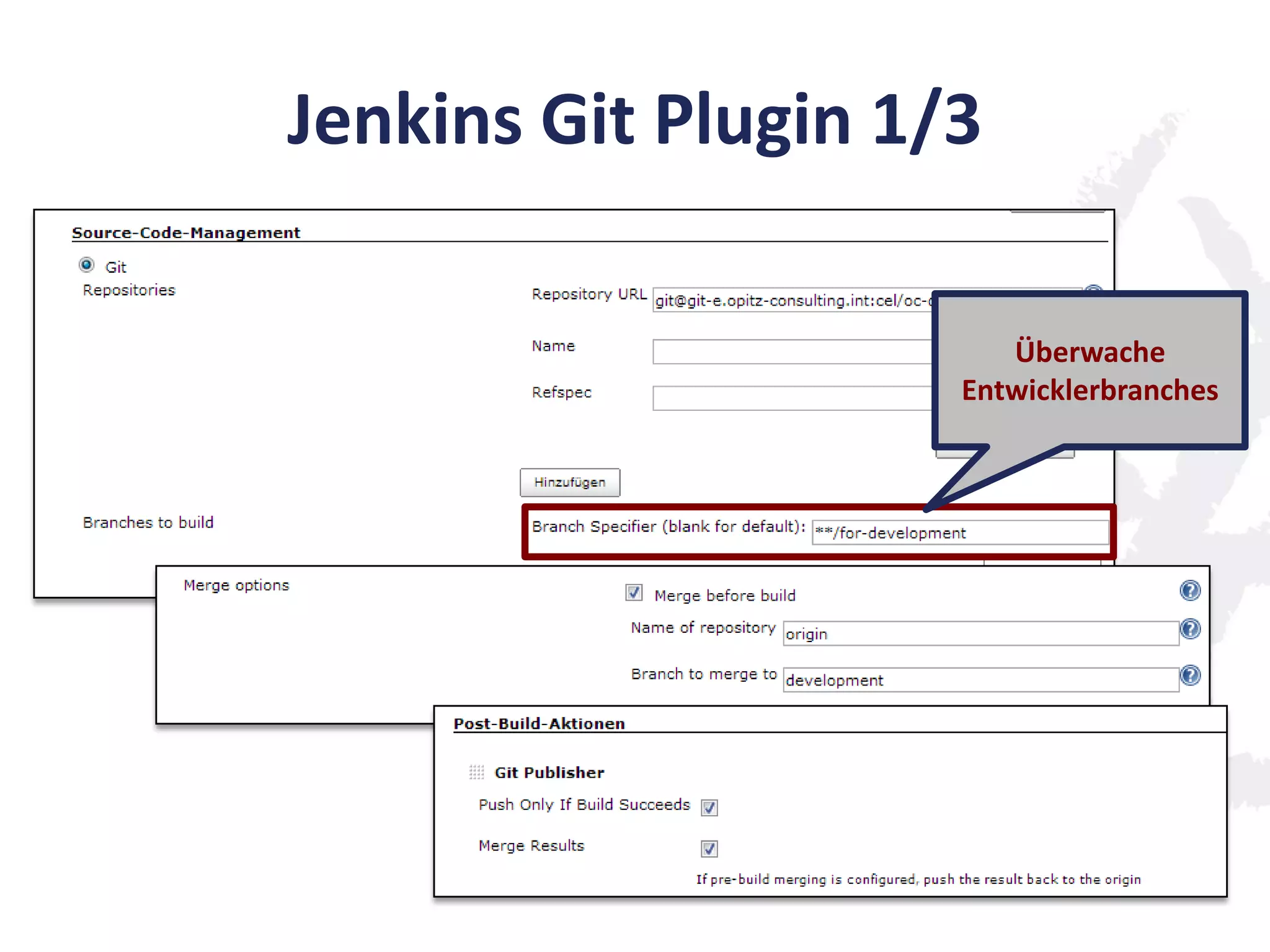 Jenkins Git Plugin 1/3
Überwache
Entwicklerbranches
 