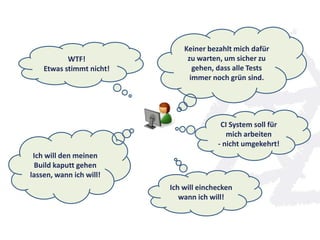 CI System soll für
mich arbeiten
- nicht umgekehrt!
WTF!
Etwas stimmt nicht!
Keiner bezahlt mich dafür
zu warten, um sicher zu
gehen, dass alle Tests
immer noch grün sind.
Ich will einchecken
wann ich will!
Ich will den meinen
Build kaputt gehen
lassen, wann ich will!
 