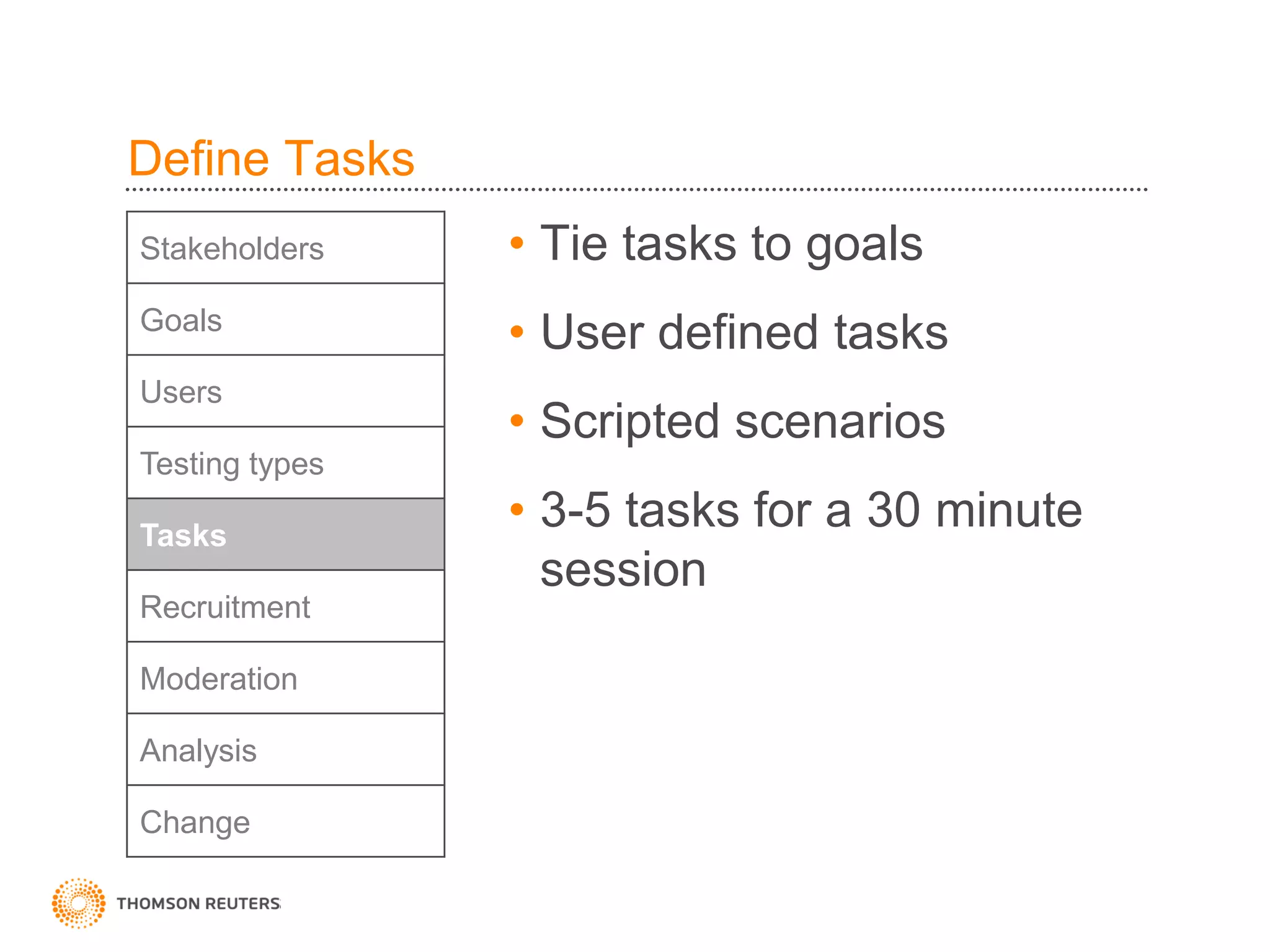 Define Tasks
Stakeholders    • Tie tasks to goals
Goals
                • User defined tasks
Users
                • Scripted scenarios
Testing types

Tasks
                • 3-5 tasks for a 30 minute
                  session
Recruitment

Moderation

Analysis

Change
 