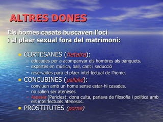 ALTRES DONES CORTESANES ( hetaira ): educades per a acompanyar els hombres als banquets.  expertes en música, ball, cant i seducció reservades para el plaer intel·lectual de l’home.   CONCUBINES ( pallaké ):  conviuen amb un home sense estar-hi casades.  no solien ser ateneses  Aspasia  (Pericles): dona culta, parlava de filosofia i política amb els intel·lectuals atenesos.  PROSTITUTES  ( porné ) Els homes casats buscaven l’oci  i el plaer sexual fora del matrimoni: 