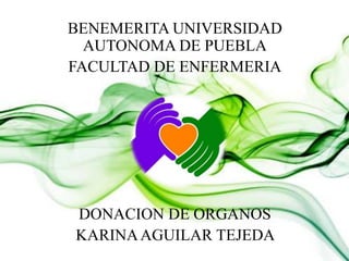 BENEMERITA UNIVERSIDAD
  AUTONOMA DE PUEBLA
FACULTAD DE ENFERMERIA




DONACION DE ORGANOS
KARINA AGUILAR TEJEDA
 