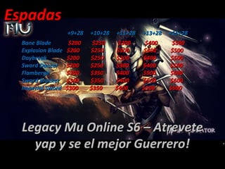 Espadas +9+28  +10+28  +11+28  +13+28  +15+28 Bone Blade  $200  $250  $300  $400  $500 Explosion Blade  $200  $250  $300  $400  $500 Daybreak   $200  $250  $300  $400  $500 Sword Dancer   $200  $250  $300  $400  $500 Flamberge   $300  $350  $400  $500  $600 Sword Bracker  $300  $350  $400  $500  $600 Imperial Sword  $300  $350  $400  $500  $600 Legacy Mu Online S6 – Atrevete yap y se el mejor Guerrero! 