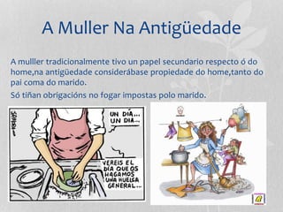 A Muller Na Antigüedade
A mulller tradicionalmente tivo un papel secundario respecto ó do
home,na antigüedade considerábase propiedade do home,tanto do
pai coma do marido.
Só tiñan obrigacións no fogar impostas polo marido.
 
