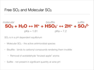Free SO2 and Molecular SO2
molecular

SO2 + H2O

+
H

+

pKa = 1.81

bisulﬁte

HSO3

+
2H

pKa = 7.2

SO2 is in a pH dependent equilibrium
•

Molecular SO2 - the active antimicrobial species

•

Bisulﬁte - binds to carbonyl compounds rendering them involitile
•

•

Removal of acetaldehyde “bruised apple” aroma

Sulﬁte - not present in signiﬁcant quantity at wine pH

+

sulﬁte

2SO3

 