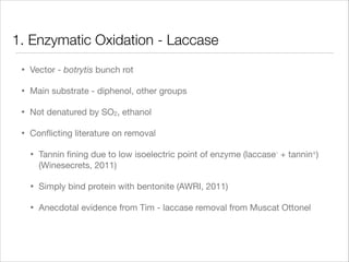 1. Enzymatic Oxidation - Laccase
•

Vector - botrytis bunch rot


•

Main substrate - diphenol, other groups


•

Not denatured by SO2, ethanol


•

Conﬂicting literature on removal


•

Tannin ﬁning due to low isoelectric point of enzyme (laccase- + tannin+)
(Winesecrets, 2011)


•

Simply bind protein with bentonite (AWRI, 2011)


•

Anecdotal evidence from Tim - laccase removal from Muscat Ottonel

 