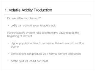 1. Volatile Acidity Production
•

Did we settle microbes out?
•

•

LABs can convert sugar to acetic acid

Hanseniaspora uvarum have a competitive advantage at the
beginning of ferment
•

Higher population than S. cerevisiae, thrive in warmth and low
alcohol

•

Some strains can produce 25 x normal ferment production

•

Acetic acid will inhibit our yeast

 