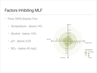 Factors Inhibiting MLF
•

Think TAPS (thanks Tim)
•

Temperature - above 14C

•

Alcohol - below 15%

•

pH - above 3.05

•

SO2 - below 40 mg/L

 