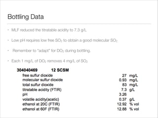 Bottling Data
•

MLF reduced the titratable acidity to 7.3 g/L

•

Low pH requires low free SO2 to obtain a good molecular SO2

•
•

Remember to “adapt” for DO2 during bottling.
Each 1 mg/L of DO2 removes 4 mg/L of SO2

 