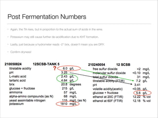 Post Fermentation Numbers
•

Again, the TA rises, but in proportion to the actual sum of acids in the wine.

•

Potassium may still cause further de-acidiﬁcation due to KHT formation.

•

Lastly, just because a hydrometer reads -2° brix, doesn’t mean you are DRY.

•

Conﬁrm dryness!

?

 