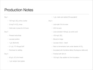 Production Notes
Day 1

•

1 g/L malic acid added (TA equivalent)

•

100 mg/L SO2 at the crusher

•

25 kg/T of CO2 snow

•

Juice split 70% for wine

•

Cold soak in press for 24 hours

•

30% for juice

•

Juice sorbated 150mg/L as sorbic acid

Day 2

Day 4

•

Pressed reductively

•

100 mg/L SO2

•

Laccase positive

•

Moved to fridge

•

1 g/L Bentonite

•

Laccase check – clean!

•

0.1 g/L “FT–Rouge Soft”

•

Rack to fermentation tank under blanket of CO2

•

Pectinase for settling

•

Inoculated with Zymaﬂore Alpha (Tourlaspora delbruckii)

•

Finished with QA-23

•

100 mg/L Dap addition at 2nd inoculation.

Day 3
•

60 g/L of C+H’s ﬁnest!

•

1 g/L tartaric Acid added

 