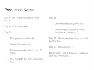 Production Notes
Day 14-24 - Cold stabilization (sort
of….)

Day 26
•

Conﬁrm sorbate level via ETS

•

Cellulose gum added at 1ml/L tartrates + bubbles = :(

Day 24 - Crossﬂow ﬁlter
Day 25
•

Mutage (juice add back)

•

Day 28 - Sterile bottle on 6 spout hand
bottling line.

Sterile ﬁlter (nominal)
Day 29 - Sales begin…..

•

•

Potassium sorbate bump to 120
mg/L
SO2 bump to 1.0 mg/L molecular
SO2

Bigger goal – sell it out ASAP to pay for
your red wine habit….

 